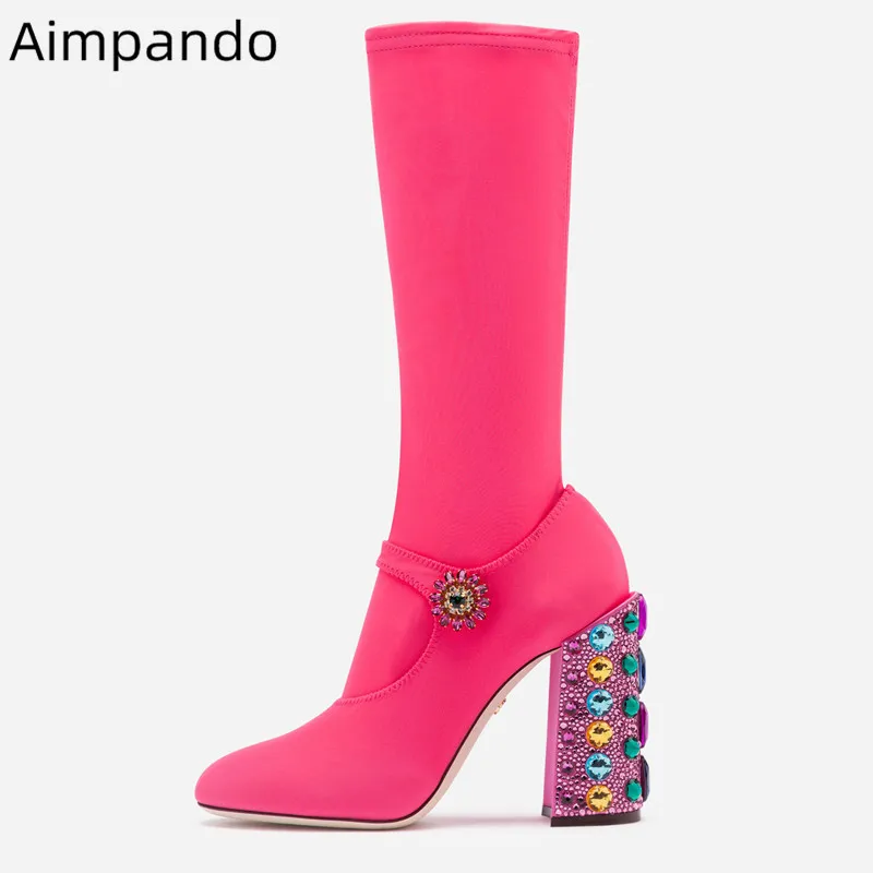 

Rose Stretch Fabric Boots Women Slim Mid-calf Round Toe Fashion Bottes Square High Heel Decor Colorful Diamond Boots Woman 2019