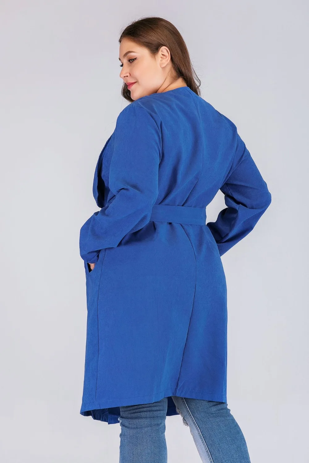 autumn winter women plus size casual loose long sleeve coat trench windbreaker large size with belt blue 4XL 5XL 6XL 7XL