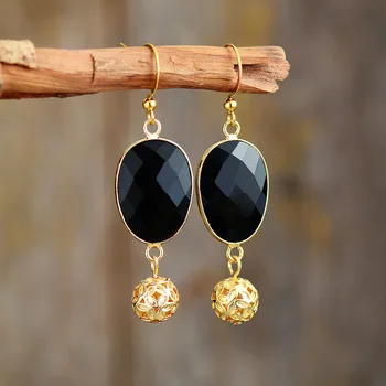 Women Black Onyx Drop Earrings Jewelry Gemstones Gold Tone Charm Dangle Earring Designer Jewelry Wholesale Dropshipping