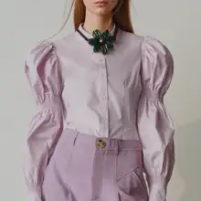 Women's za spring fashion ELASTIC TRIM POPLIN SHIRT Lapel collar shirt with long balloon sleeves Women's za spring fashion ELASTIC TRIM POPLIN SHIRT Lapel collar shirt with long balloon sleeves