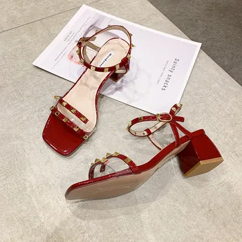 

Women Sandals Pumps Stiletto Open Toe Sandals Sexy Buckle Leather Shoes Chunky-heel Single Shoes 2020 New Women shoes