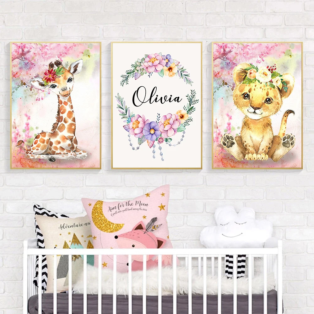 Personalized Girl Name Poster Nursery Custom Wall Art Print Elephant Giraffe Lion Rabbit Canvas Painting Decoration Baby Bedroom | Дом и сад