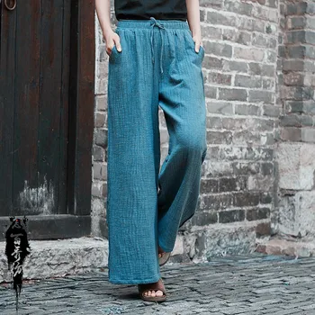 

Spring and Summer New Cotton and Linen Retro Women's Solid Color Tether Loose Large Size Pants Women's Wide Leg Trousers