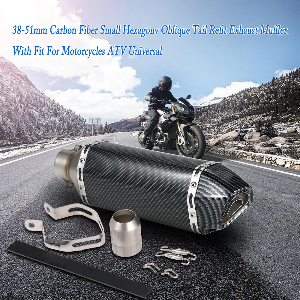 Carbon Fiber KKmoon Tail Refit Exhaust Muffler with Fit Small Hexagon Oblique 38-51mm for Motorcycle ATV 