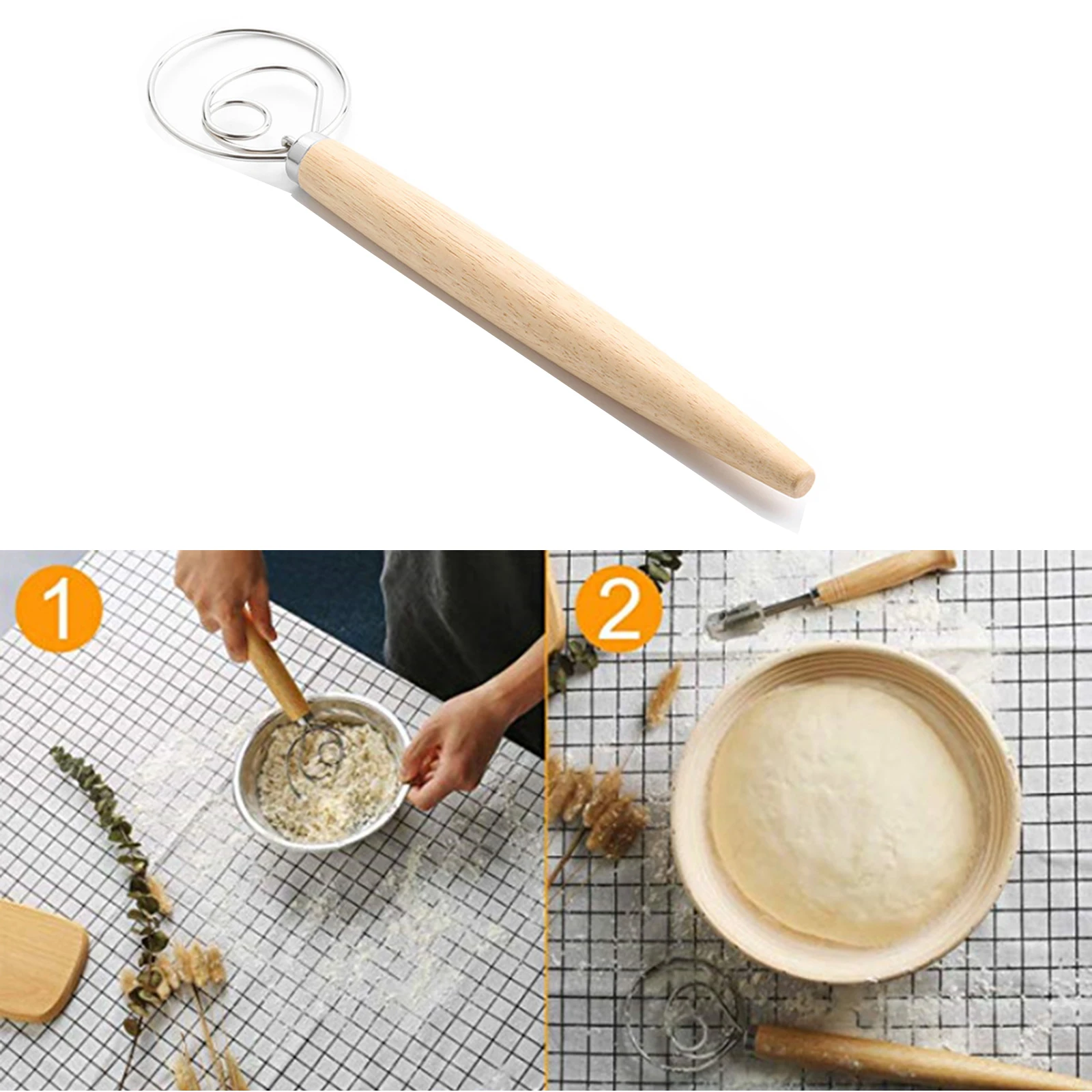 Single Coil Stainless Steel Blender for DIY Bread Dough Whisk Eggs Beater Mixer Tool 13 Inch Oak Wood Handle Kitchen Blenders | Бытовая