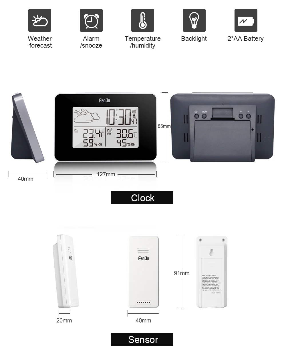 FanJu FJ3364 LED Digital Weather Station Wireless Sensor Hygrometer Thermometer Multi-function Alarm Clock Table clock Snooze