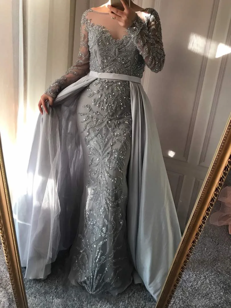 Серое роскошное серое вечернее платье русалки со шлейфом и длинными рукавами, украшенное кристаллами, вечернее платье темно-синего цвета, CLA6172 - Цвет: Grey