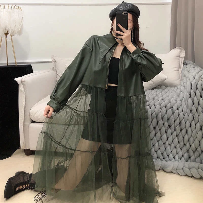 Finest  LANMREM 2020 Spring New Jackets Women Fashion Solid Color Long Mesh Gauze Stitching PU Leather Coat
