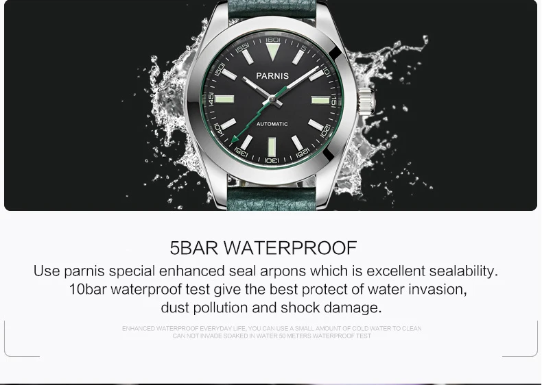 Часы Parnis мужские 40 мм механические сапфировые кристаллы повседневные кожаные светящиеся водонепроницаемые мужские автоматические часы