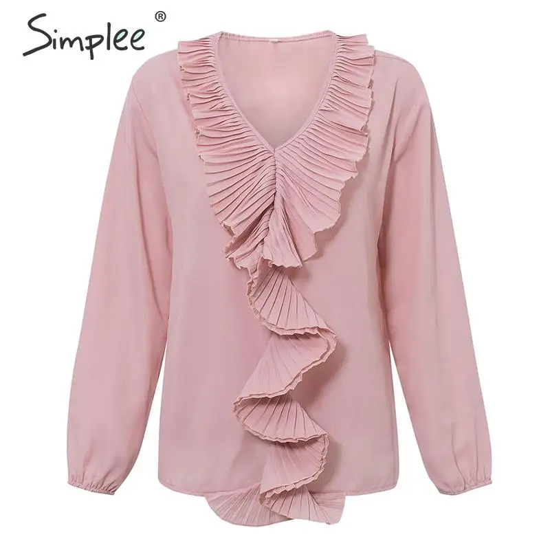 Simplee женская блузка с оборками рубашка уличная однотонная Повседневная Блузка с пышными рукавами Сексуальная Офисная женская розовая стильная Осенняя рубашка с v-образным вырезом