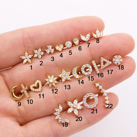 1 Piece Surgical steel & Copper Cz Crown Long Bar EAR Helix Piercing Tragus Stud Conch Earring Piercing