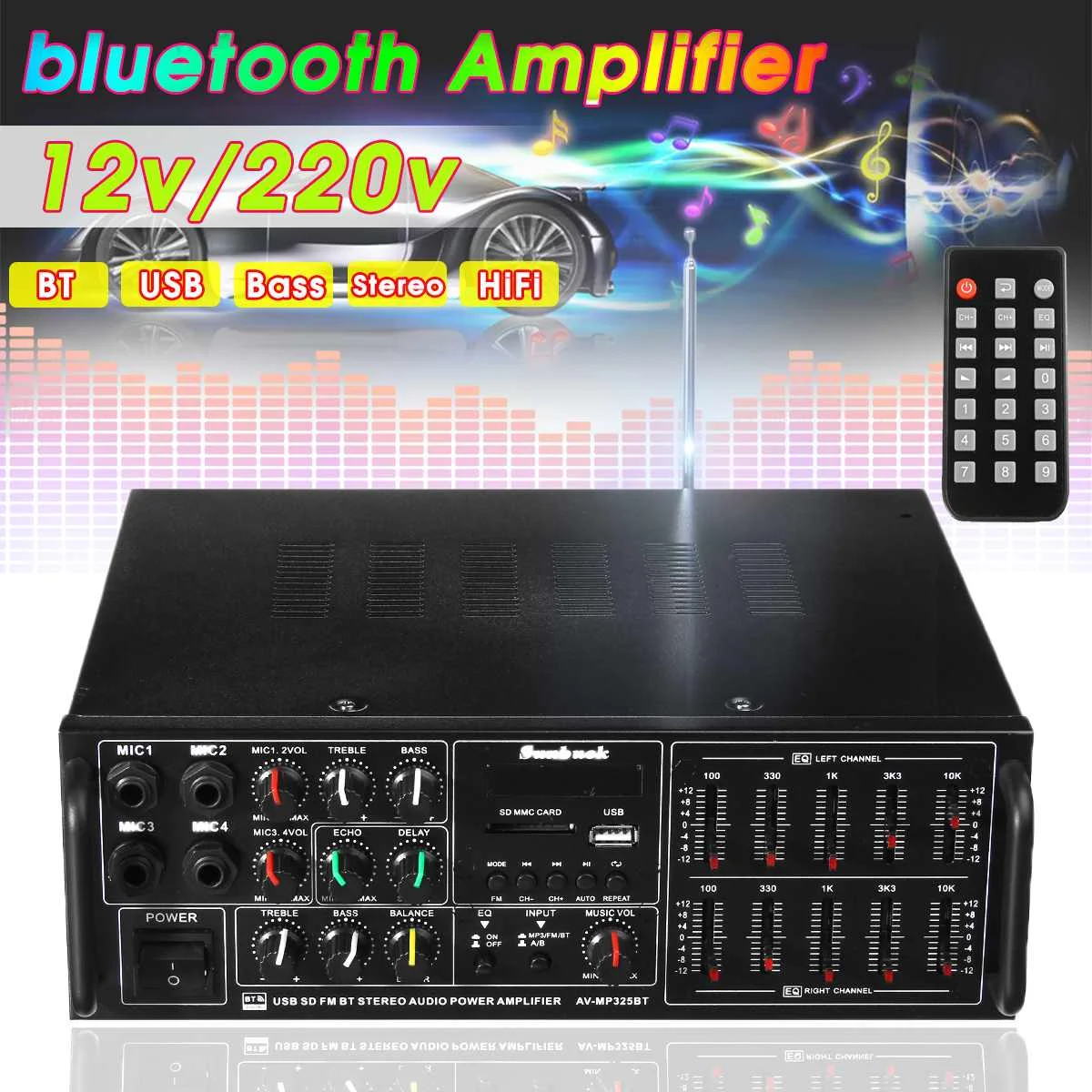 

sunbuck 2000W 4 channels bluetooth Amplifier for Car Home Subwoofer Audio Power Amplifier AV Amp Karaoke MP3 FM Radio