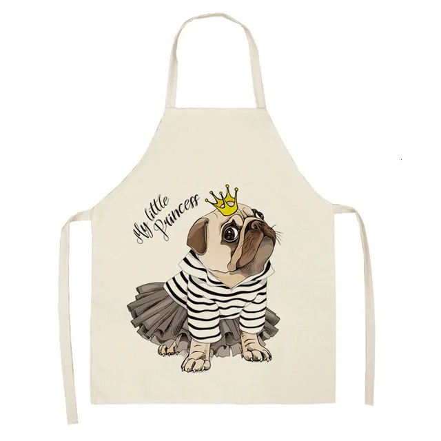 Cute Dog Pug Pattern Cotton Linen Sleeveless Apron Kitchen Aprons Women Home Cooking Baking Waist Bib Pinafore WQTF17