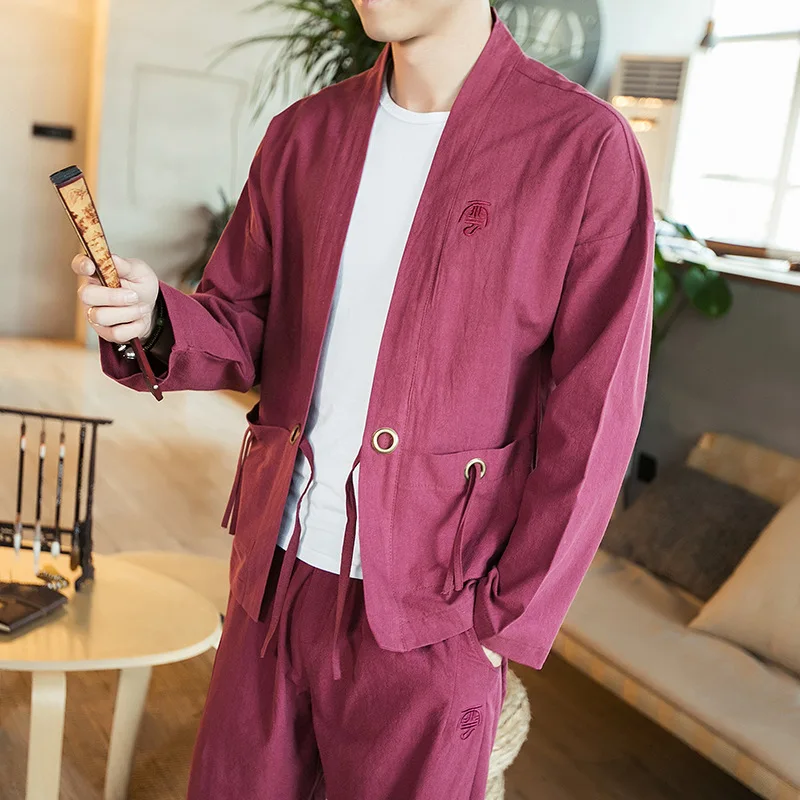 burgundy Плюс размер 5xl тонкий солнцезащитный кардиган-кимоно Пальто осеннее винтажное хлопковое льняное кимоно куртка для мужчин верхняя одежда с длинными рукавами - Цвет: burgundy