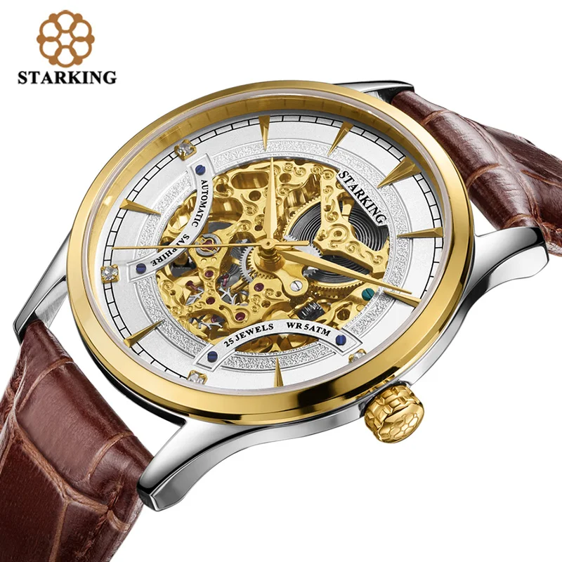 STARKING Automatic Self wind Lovers Watches Stainless Steel Genuine Leather Skeleton Mechanical WristWatch relogios masculinos 2