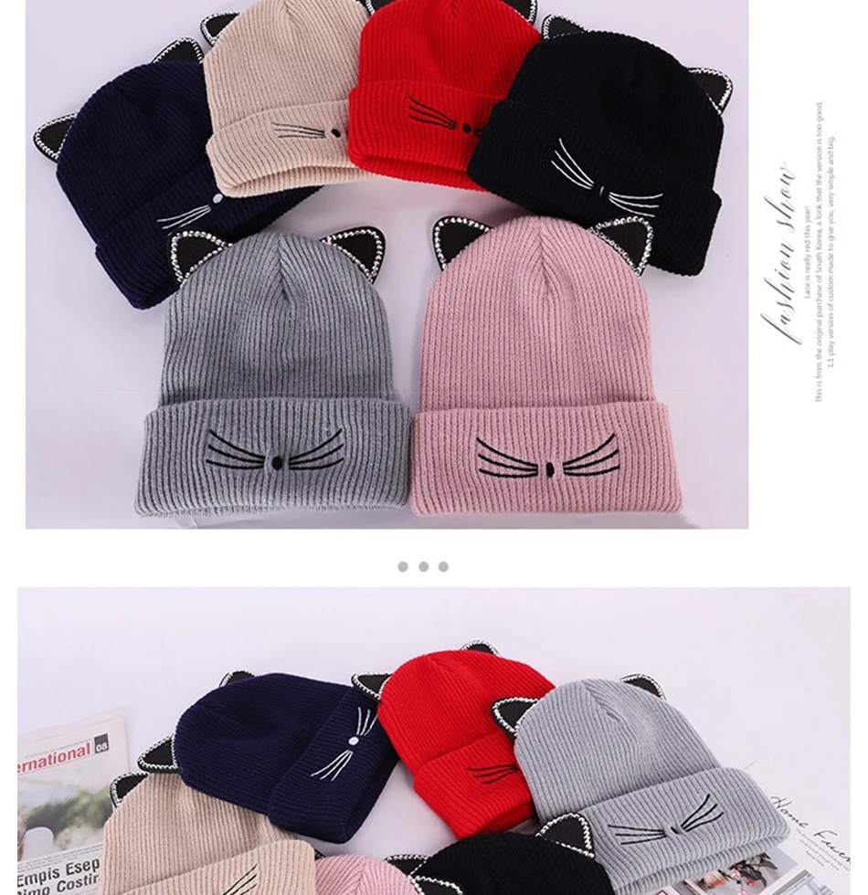 winter beanie hat Brand fashion cat ear Winter knitted Beanies Hats Women Thick Warm Skullies Hat Bonnet Beanie Caps Outdoor Casual All-match beanie cap