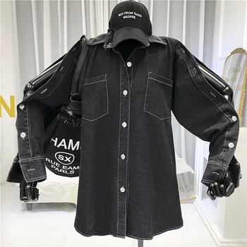 

2020 Spring Vintage Double Pockets Unisex Shirt Women's Buttons Open Casual Denim Blouse Female Loose Big Size Jeans Shirt Coats