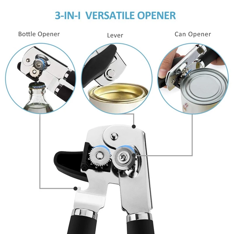 Can Opener Manual Heavy Duty Can Openers Smooth Edge 3-In-1 With Ergonomic Non-Slip Rubber Soft Handle Easy Turn Ultra Sharp