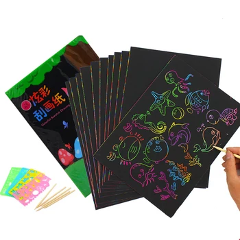 

50 sheets Magic Color Rainbow Scratch Paper Card Set with Graffiti Stencil for Drawing DIY Art Painting Toy Kids