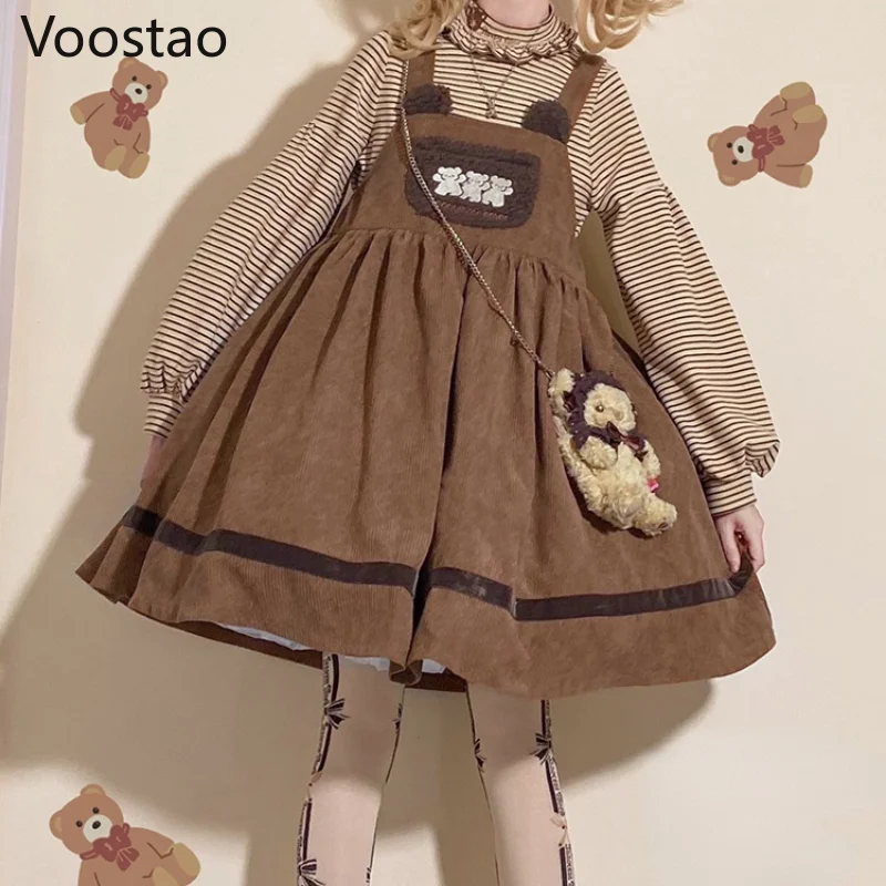 Autumn Winter Girls Vintage Sweet Lolita Jsk Dress Women Cute Bear Embroidery Plush Pocket Loose Corduroy Party Strap Dresses Lolita Dress Lolita Suspender Dress Suspender Dress