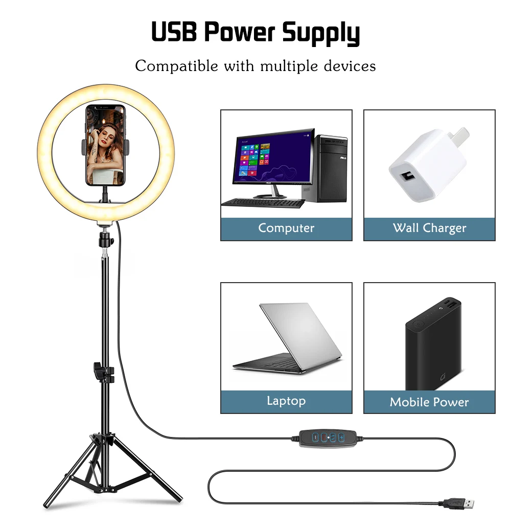 SH 삼각대 스탠드가 있는 링 라이트, USB 충전, 셀카 LED, 밝기 조절 사진 비디오 램프, 메이크업 라이브 스트림, 10 인치, 26cm