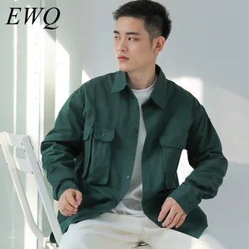 

EWQ / men's wear 2020 spring fashion casual green Shirt for Male Long Sleeve Loose all-match Work Clothes tops with pockets Y763