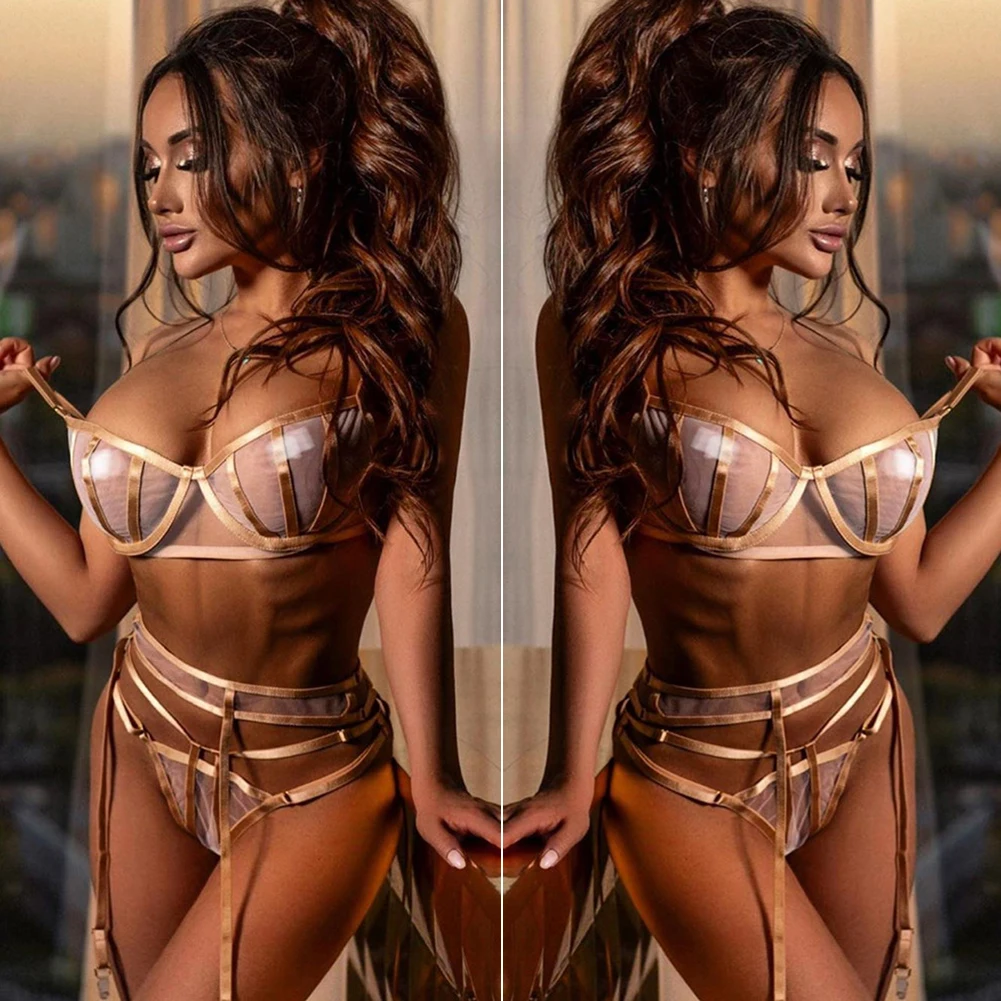 Sexy Lingerie Womens Erotic Lingerie Mesh Sheer Lace Up 3PCS Set Open Bust Push Up Bra G-string Skirt Garter Belt Suit Lengerie