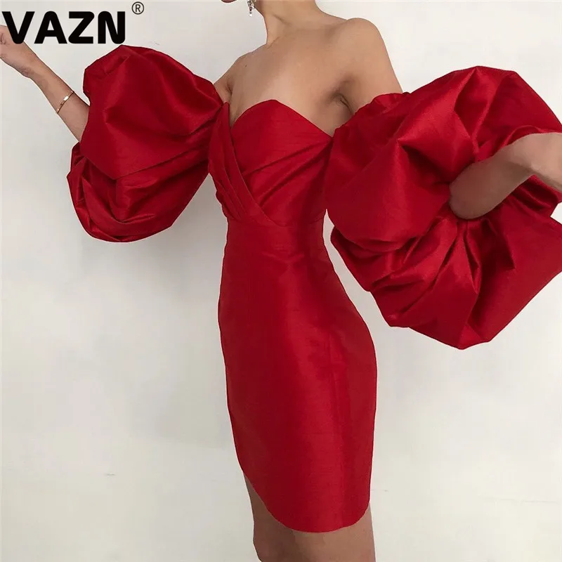 VAZN популярное сексуальное Клубное необычное модное однотонное платье без бретелек с коротким пышным рукавом и открытой спиной для девушек с высокой талией тонкое мини-платье