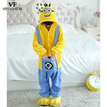 

VIP FASHION New Minions Kigurumis Anime Cartoon Jumpsuit Baby Bodysuit Cosplay Costumes Kids Funny Pajama Flannel Onesie