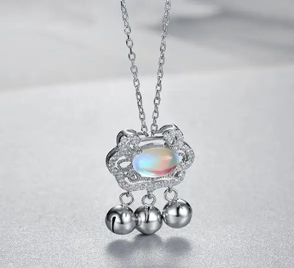 

New S925 Silver Long Lock Moonstone Necklace Female Fashion Joker Peace Luck Bell Pendant Accessories Jewelry Girl Women Gift