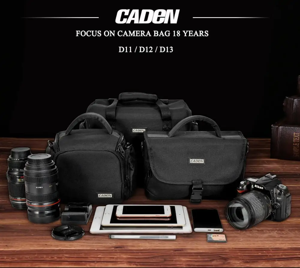 CADEN мягкая камера сумка на молнии дизайн противоударный черный для Canon Nikon sony DSLR камера s объектив 2 размера