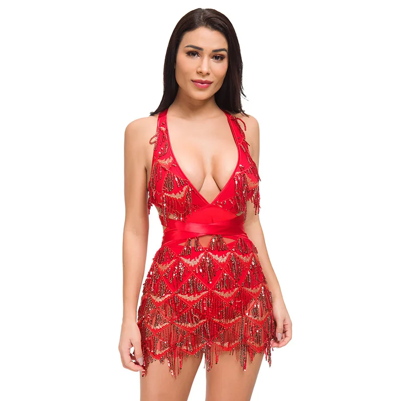 

Echoine luxurious Sequin Red Christmas Mini Dress Sexy Backless Lace Up Bandage Evening Party Dresses Elegant Club Vestidos 2019