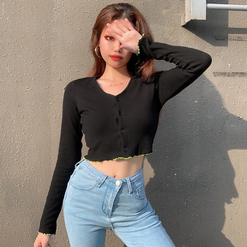 Black Lace Patchwork Y2K Crop Cardigan Women Harajuku Solid Cute Girl Korean Style Club Party Skinny Streetwear Autumn Iamhotty