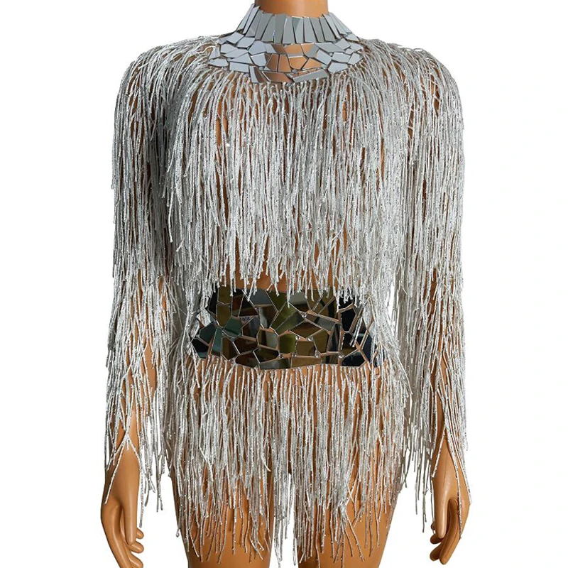 

Flashing Mirror Shoulder Silver Fringe Dress Leotard Birthday Celebrate Costume Full Tassels Bodysuit Stage Rave Outfit XS2374