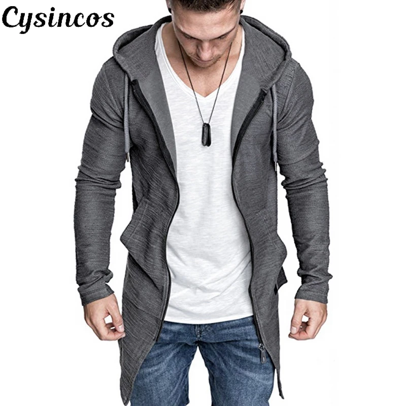 

CYSINCOS Men's Long Cardigan Sweater Jacket Hooded Zipper Slim Fit Open Front Longline Cardigans with Pockets Men Sweater Jacket