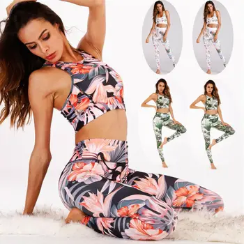 

Women's Stretch Yoga Workout Clothes Set Fitness Gym Running Printed Sports Bra + Pants Tracksuit Set