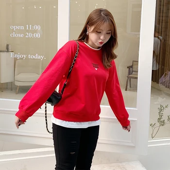

2019 Korean version of the new fashion autumn oversize sweater loose color contrast fake two foreign style 2142