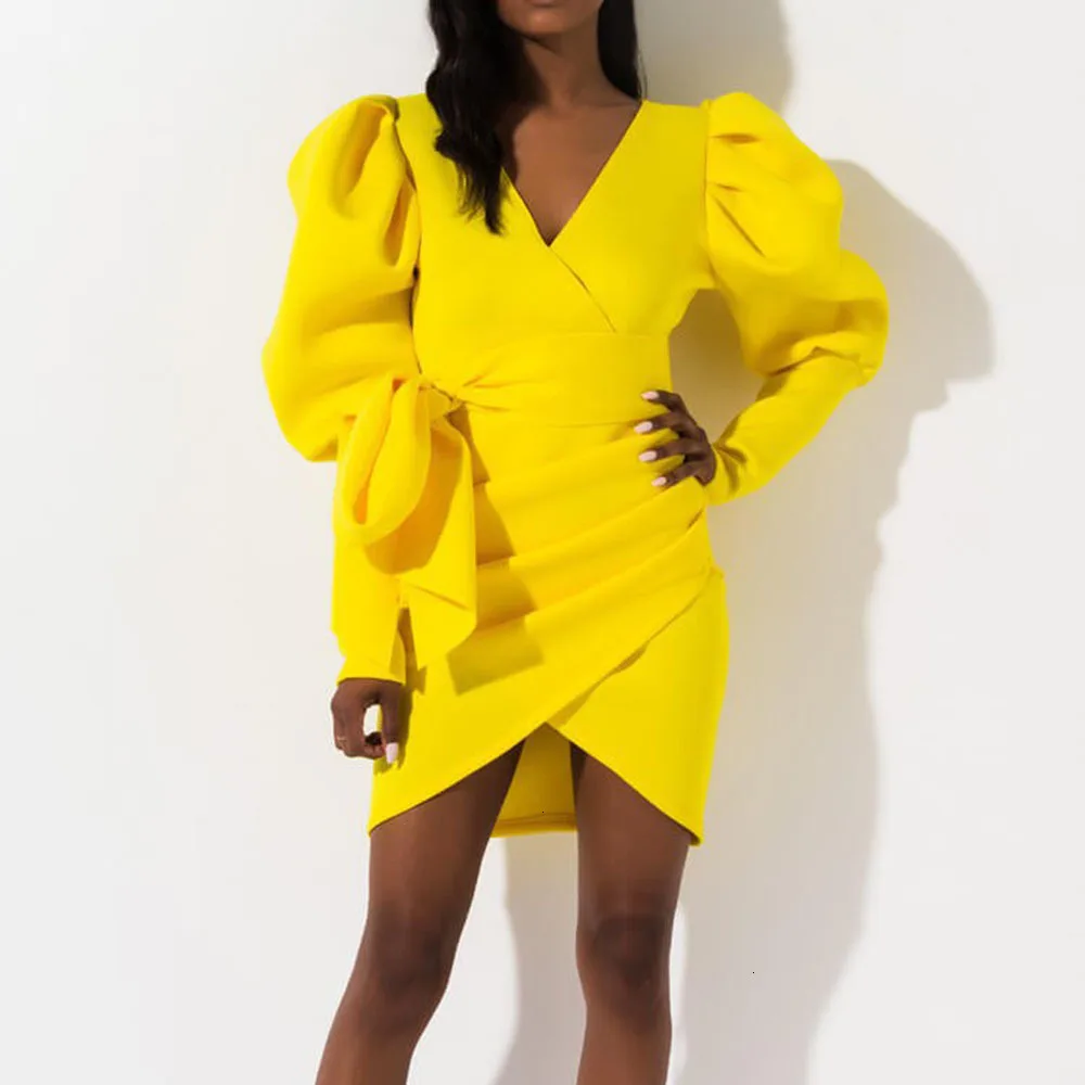 

Sexy African Women V Neck Bandage Short Club Party Dress Bodycon Autumn Lantern Long Sleeve Bow Tie Plus Size Ruched Mini Dress