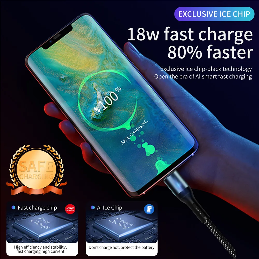 Smart Power Off USB Cable 18W Fast Charging Type C Data Wire Auto Power-off Protection Cord With LED For Micro