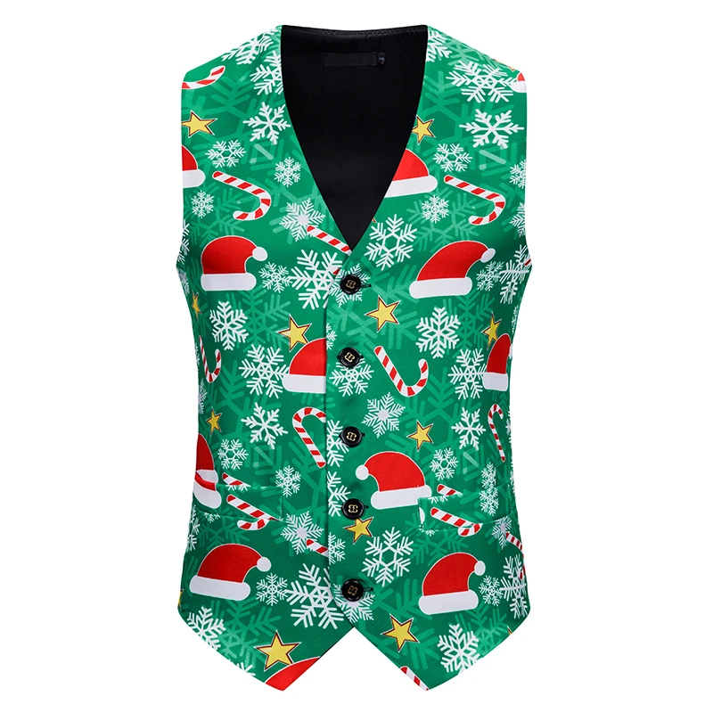 2023 Green Christmas Vest Men Casual Christmas Eve Party Suit Vest Homme Plus Size Slim Waistcoat Hat Pattern Chalecos Hombre