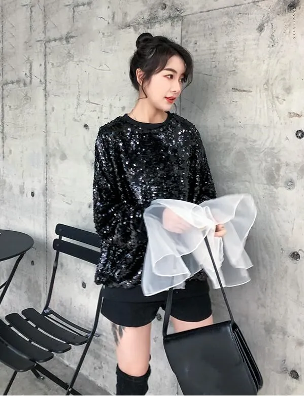 WHITNEY WANG Autumn Fashion Streetwear Colors Contrast Flare Sleeve Sequins Sweatshirt Women Hoodies Pullover