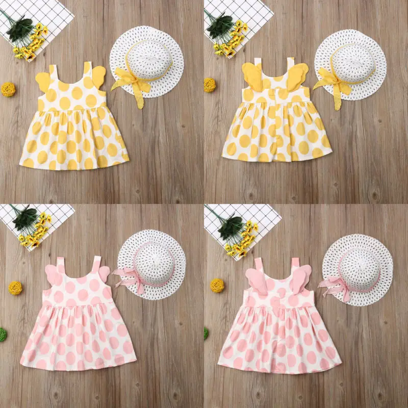 2 предмета, брендовый милый модный летний комплект для маленьких девочек, хлопковое платье в горошек с открытой спиной Повседневная шляпа