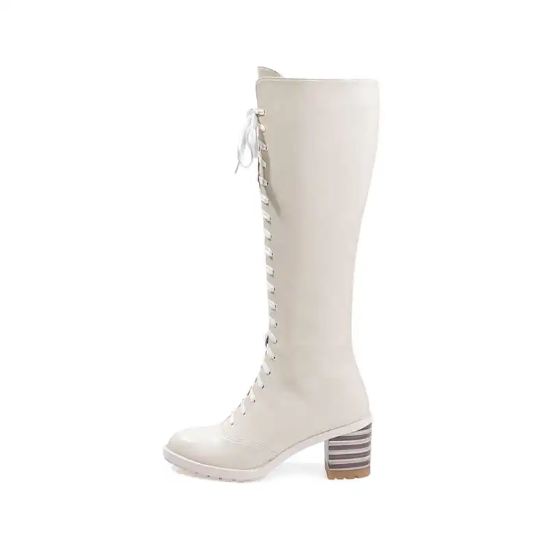beige white ASUMER/размер 34-40, модные сапоги до колена сапоги из натуральной кожи с круглым носком на молнии обувь на толстом высоком каблуке женские сапоги с перекрестной шнуровкой - Цвет: beige white