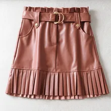 Винтажная мини-юбка на молнии с высокой талией, плиссированная трапециевидная юбка из искусственной кожи для женщин, женские юбки коричневого цвета saia saias winter faldas