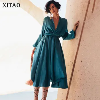 

XITAO Drawstring Waist Solid Dress Women 2020 Autumn New Fashion Sexy Goddess Fan V Neck Full Sleeve High Waist Dress ZP1504