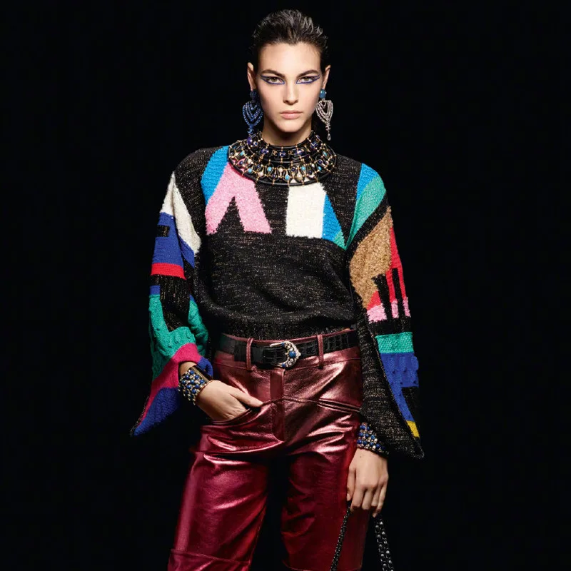 

New Sweater Autumn 2019 Same Style Knitted Sweater with Split Sleeves Bell Sleeves Geometric Matching Fashion Cashmere Sweater