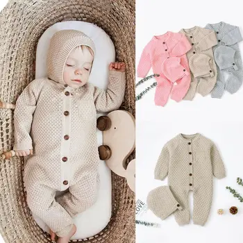 

2019 Winter Newborn Baby Boys Girls Knitted Cotton Clothes Rompers Cute Toddler Warm Long Sleeve Jumpsuit+Hats 2Pcs Outfit Set
