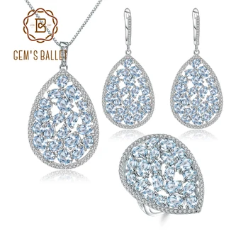 

GEM'S BALLET Natural Sky Blue Topaz Gemstone Jewelry Set 925 Sterling Silver Ring Earrings Pendant Kit Sets For Women Wedding