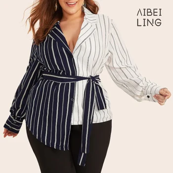 

AIBEILING Plus size women's temperament stripe asymmetrical splicing Tie Shirt