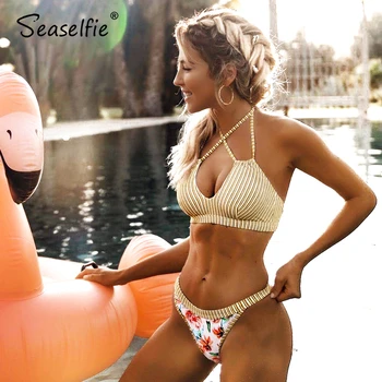 

SEASELFIE Yellow Stripe and Floral Self Tied Halter Bikini Sets Women Two Pieces Swimsuits 2020 Girls Swimming Suits Biquini